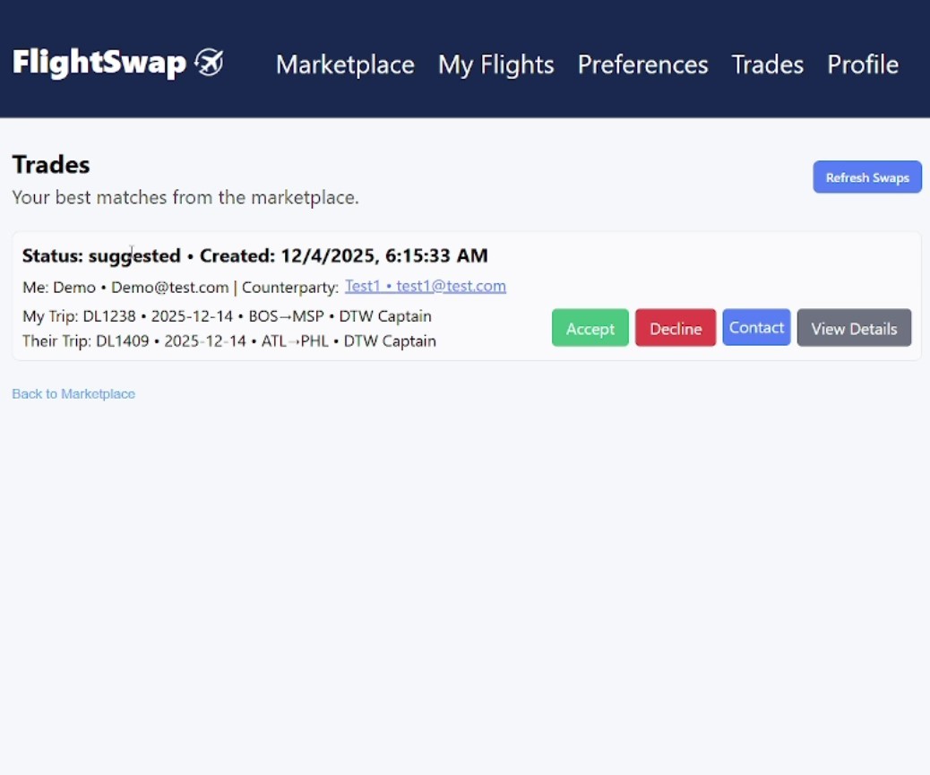 FlightSwap proposed optimised trades